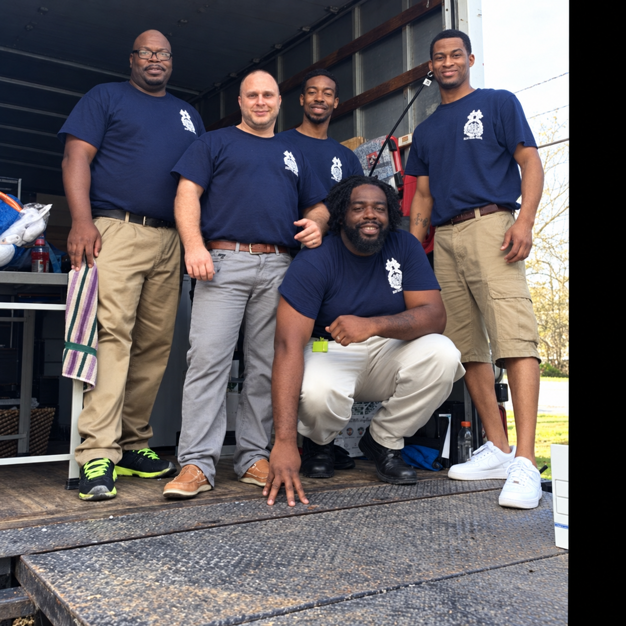 A local moving crew standing together inside their moving truck
