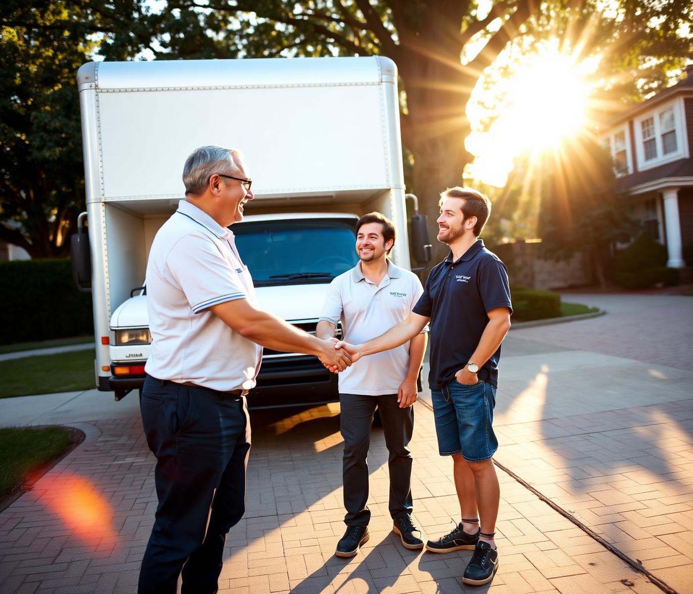 Two friendly movers shaking hands with a homeowner in a sunny suburban driveway
