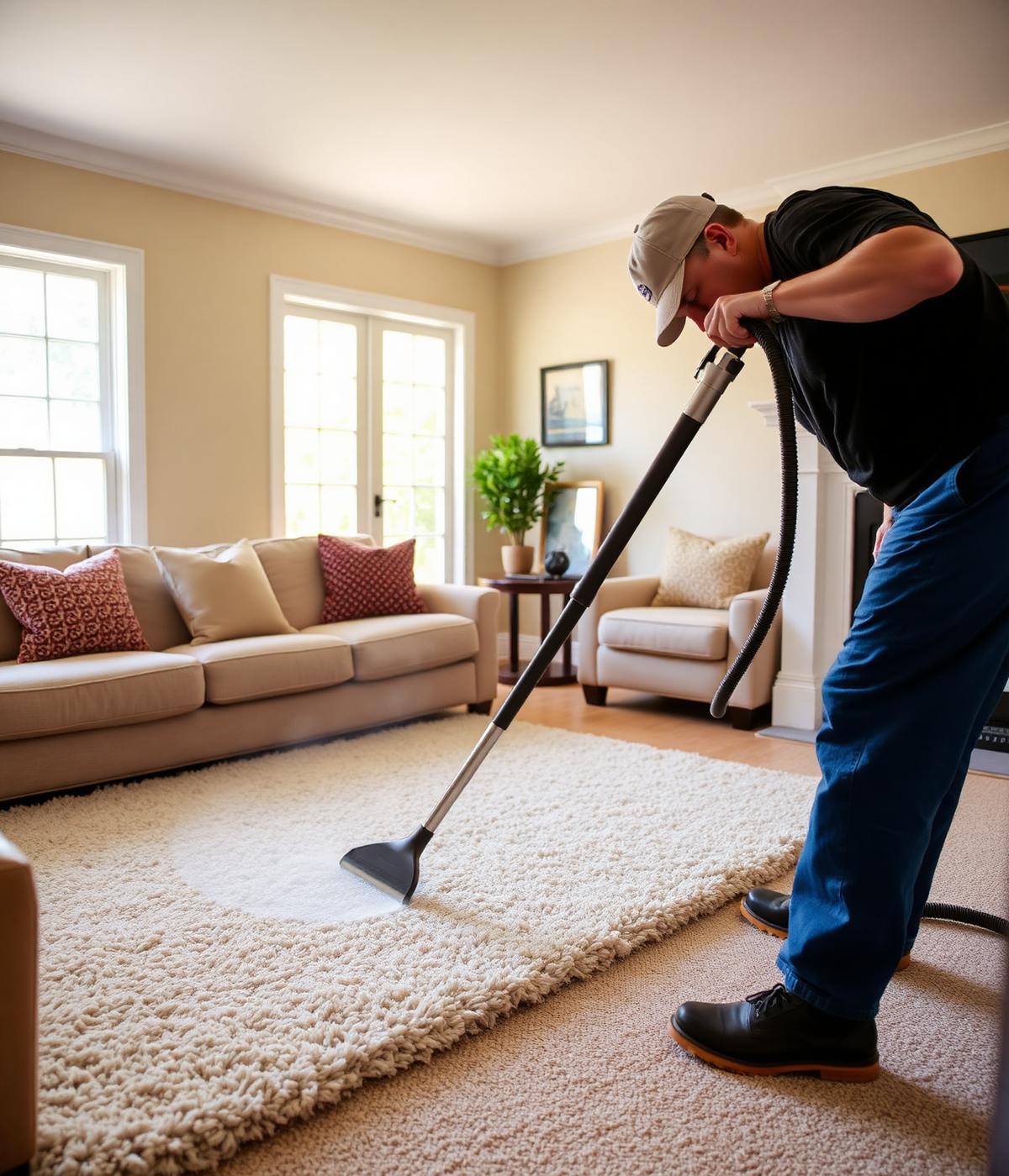 Professional carpet cleaner working on a plush living room rug