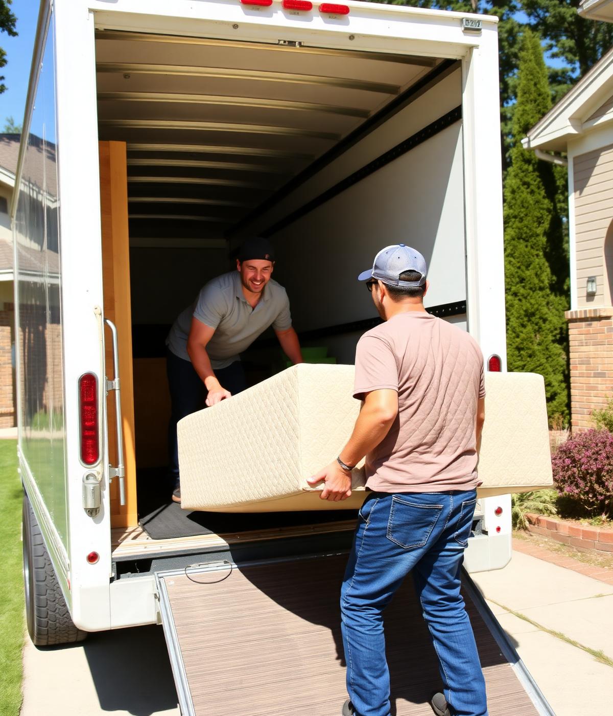 Two friendly movers loading padded furniture into a clean white truck